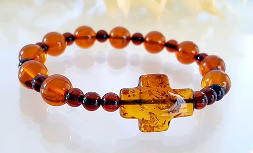 Religious Cross Stretch Rosary Amber Bracelet - Round Amber/Men Women Unisex Bracelet/Certified Baltic Amber, Medium3