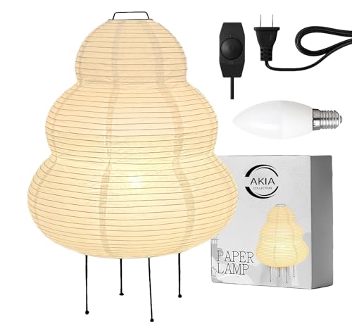 Akia Collection Japanese Rice Paper Lamp, Noguchi Style Lantern – Dimmable Floor Lamp with Washi Paper Shade, Bulb Included, Japandi Bedside & Desk Light