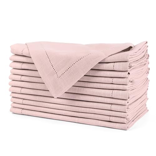 Image of FINGERCRAFT Hemstitched Cotton Table Napkins - Set of 6, 20x20 Inch, 100% Cotton Cloth Napkins with Faggoting Stitching - Durable & Elegant for Parties, Hotels, Everyday Use (Pink Slub)