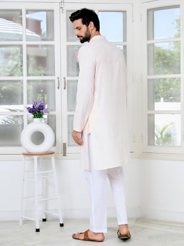 Image of See Designs Men's Full Sleeve Mandarin Collar Sequins Embroidered Chanderi Straight Long Kurta with Yoke Design - Festive Collection