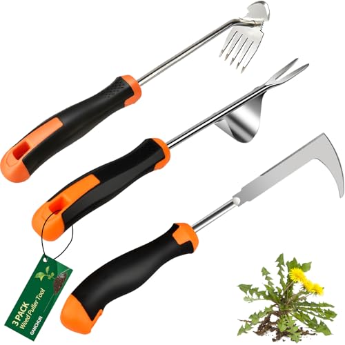 GANCHUN 2026 Weed Puller Tool, 3 Pack New Garden Stainless Steel Weeder Tool Hand Weeder Tool,Multi-Purpose Weed Remover Tool Weeding Tools for Gardening(Rubber Handle)