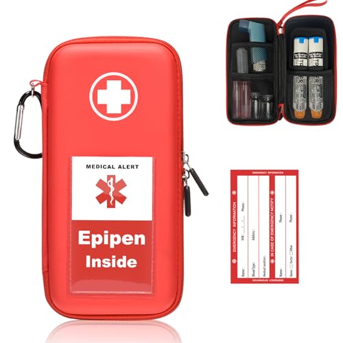 EpiPen Carry Case Hard Emergency Medical Bag with Carabiner-for 2 EpiPens Asthma Inhaler Auvi-Q Eye Drops Anti-Histamine Allergy Medication Diabetes Travel Case for Adults and Kids