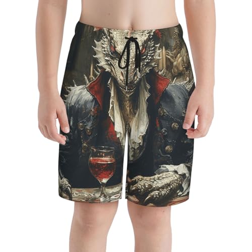 Boys Beach Shorts Quick Dry Swim Trunks Board Surf Summer Teen Kids, Dragon Playing Poker Cards Vintage3