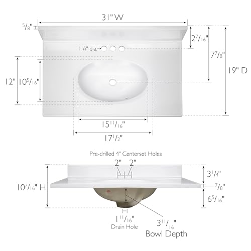Image of Design House Vanity Top Sink, Cultured Marble, 3 Predrilled Centerset, 4 in Backsplash, Stain-Resistant, Easy-To-Clean, Solid White, 31 in W x 19 in D x 10.6 in H, 586198