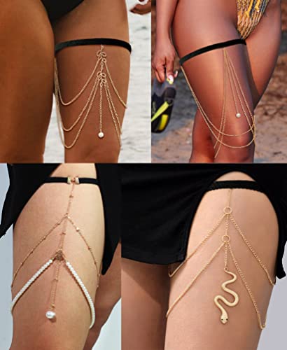 Tornito 12Pcs Thigh Chains Snake Heart Pearl CZ Leg Chain Boho Layered Body Chain Summer Beach Party Body Jewelry for Women Silver Gold Tone - Image 4
