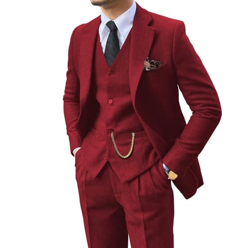Image of Retro 3 Piece Suit Tweed Herringbone Men's Suits Slim Fit Jacket Vest Pant | Tweed Wool Blend Retro 3 Piece Suit Herringbone Men's Suits Vintage Wedding Groom Tux Set Dress Prom Single Breasted Jacket