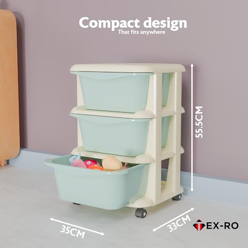 Image of TEX-RO Modular Drawer Storage Organizer | Plastic Chest of Drawers for Wardrobe, Kitchen & Home | Multi-Layer Storage Box & Drawers Organisers with Wheels for Clothes, Kids (Sea-Green, 3 Layer)