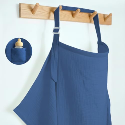 Image of MUGVELL Muslin Nursing Covers for Breastfeeding, Arch Neckline Breast Feeding Covers for Women, Moms Privacy Breathable Summer Nursing Apron, Enlarged XL Size Soft Feeding Cover (Misty Blue)