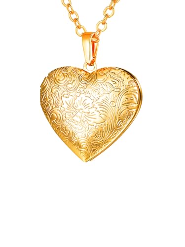 U7 Collier Femme Porte Photo Plaqué Or Jaune Pendentif Médaillon Coeur Motif Fleur avec Chaîne 50cm - Bijoux Femme Pas Cher