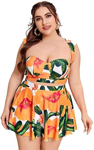 Plus Cut-Out Underwire Bikini Swimsuit with Beach Skirt Orange - XL - 8XL