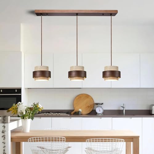 TMKOO Lustre Suspendu En Pierre Naturelle Cylindrique Travertin Style Wabi Sabi Et Nordique Avec Bois Pour Îlot De Cuisine Décoration Murale Réglable...