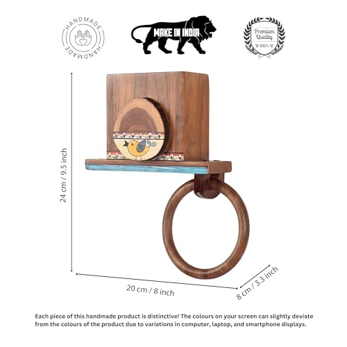 Image of AAKRITI ART CREATIONS Modern Art Teak Wood Towel Holder | Handcrafted Brushing Essentials Holder | Matte Finish Brown Wall Mounted Towel Holder for Bath & Wash Area