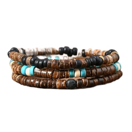 Retro Surfer Stackable Bracelet Wood Beads Heishi Brown Coconut Puka Shell Beaded Bracelets-brown