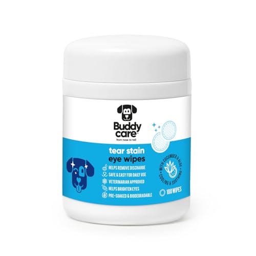 Buddycare Dog Eye Wipes 100 pre-soaked Biodegradable dog Tear Stain Remover wipes. Pet Eye Wipes Remove Tear Stains Dog Eye Crust & Eye Discharge