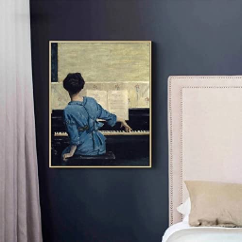 Toile peinture figure vintage fille au piano 50x60cm pour habiller un mur vide
