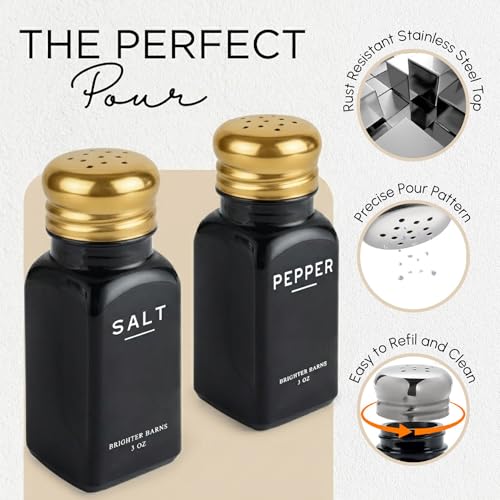 Image of Luxury Salt and Pepper Shakers Set by Brighter Barns - Black and Gold Kitchen Decor and Accessories - Modern Salt Shaker with Stainless Steel Lids for Contemporary Home, Restaurant, Gifts (Black /Gold)