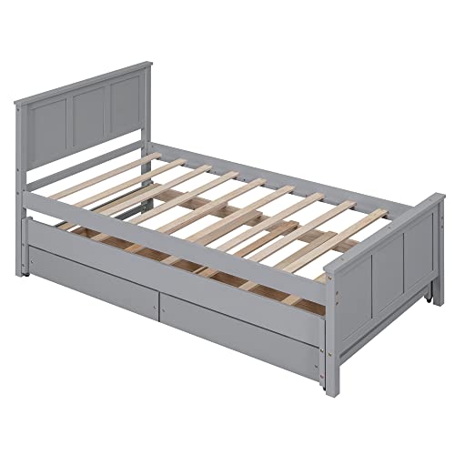 Twin Bed Frame With Trundle And Drawers, Wood Captain Bed With Storage, Kids Platform Bed With Headboard For Girls Boys Teens, No Box Spring Needed, Gray #TOP4