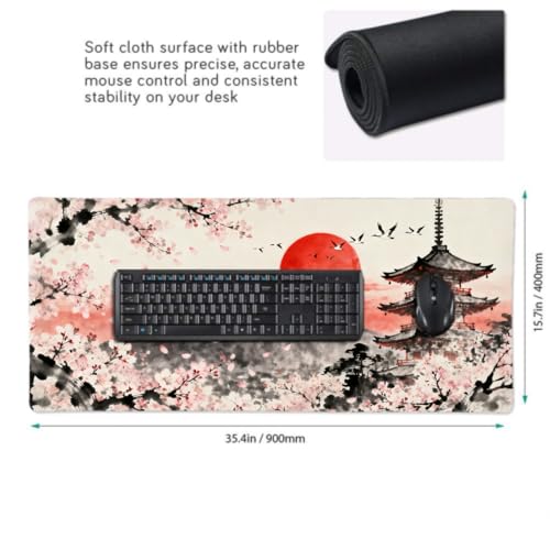 Image of Japanese Cherry Blossoms Mouse Pad 35.4x15.7 XXL Black Gray Pink Red Watercolor Design Extended Large Mousepad Keyboard Mouse Mat Desk Pad with Non-Slip Rubber Base Stitched Edges for Home Office Game