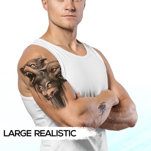 Kotbs 6 Sheets Animal Temporary Tattoos, Black Strong Wolf Tiger Tattoo Stickers for Men Women Adults Waterproof Fake Tattoos