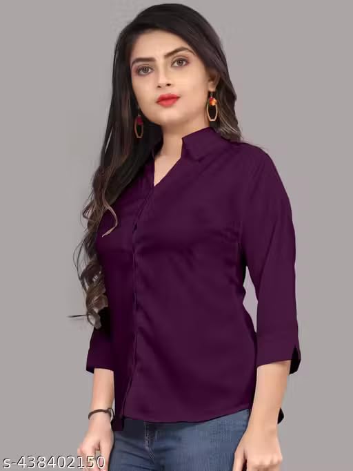 Image of Women's Cotton Blend Solid Shirt - Stylish Collar Neck-Purple-G1 P7