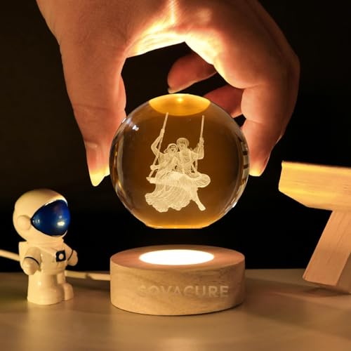 Image of COVACURE 3D Crystal Ball Night Lamp, Crystal Ball Night Light with USB, LED Wooden Base Table Lamp for Bedroom Home Office Decoration Birthday Gift for Boys and Girls (Radha Krishna Swing Ball)