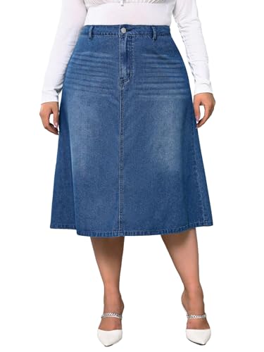 Milumia Women's Plus Size Jean Midi Skirt High Waisted A Line Denim Skirts...