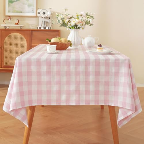 MoiNubone Pink Gingham Tablecloth, Checkered Table Cloth Cotton Linen Fabric, Washable Wrinkle Free Buffalo Plaid Table Cover for Picnic Farmhouse Kitchen Outdoor Party 60"x60" Square by MoiNubone - Used condition - US$18.04