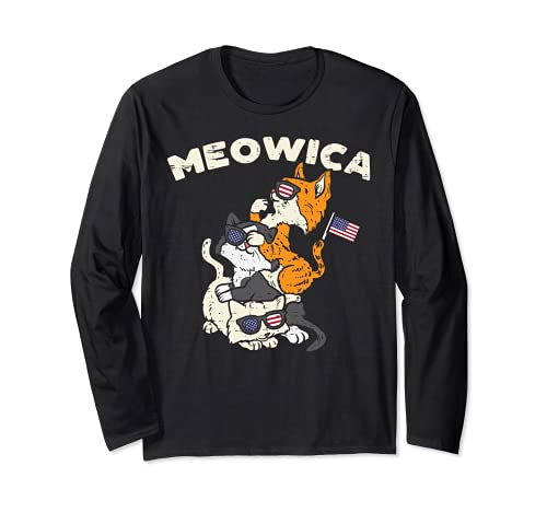 Meowica Kitten Cats American Flag USA Pet 4th Of July Fourth Long Sleeve T-Shirt, Black