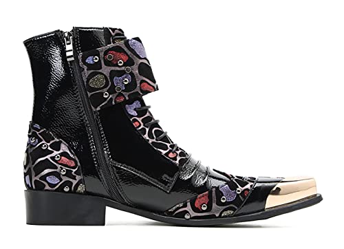 Santimon Men's Genuine Leather Western Cowboy Boots - Dress Casual Mid-Top Motorcycle Boots with Metal Square Toe & Beaded Buckle for Prom, Honky-Tonks & Night Rides3