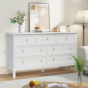 CARPETNAL White Dresser for Bedroom 7 Drawer Dresser with Wide Drawers and Gold Metal Handles 55 White and Gold Dresser TV Stand Modern Dressers Chests of Drawers for Hallyway Entryway