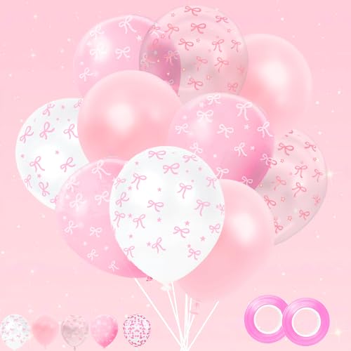 50Pcs Pink Bow Balloons, Coquette Party Decorations, Party Supplies Tie Balloons Colorful Confetti Latex Balloon for Bridal Shower Engagement, Wedding Party Decoration