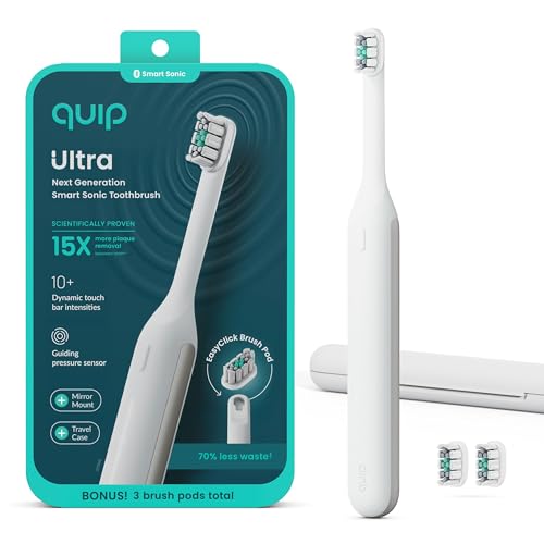 Image of Quip Ultra Next Generation Smart Toothbrush - Timed Electric Toothbrush with Case - Replaceable Brush Head, Soft Bristles, Silicone Handle, 30-Day Battery Life - Travel Toothbrush - Stone