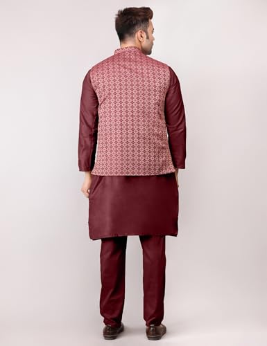Image of Men's Cotton Silk Blend Regular Kurta Pyjama, Embroidered Nehru Jacket /Waistcoat Set