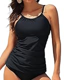 ANFILIA Tankini Tops for Women Black Modest Bathing Suits Tops High Neck Ruched Swim Top Only