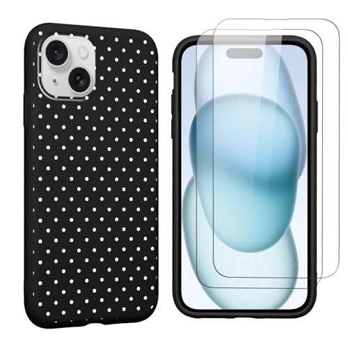 lioscre Polka Dot Phone Case for iPhone 15 Plus 6.7" Case with 2 Pack Tempered Screen Protector, Cute Simple Trendy Design Shockproof TPU Soft Matte Protective Funda Cover for Women Girls, Black