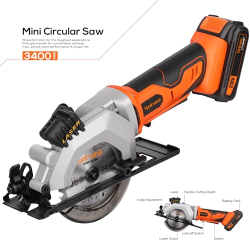 Image of Yunirvana Mini Circular Saw, 20V 3400RPM Professional Cordless Circular Saw, Adjustable Angle and Depth,Max Cutting Depth 1-11 /16 inch(90), 1-1 /8 inch(45), Laser Guide, Rip Guide