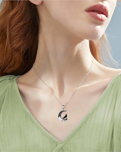 Black Cat/Mama Bear/Bat/Spider/Pumpkin/Wolf/Sun and Moon/Turtle/Raven Pendant Necklace for Women 925 Sterling Silver Crescent Moon Necklace Mother's Day Christmas Gothic Jewelry Gifts for Her4