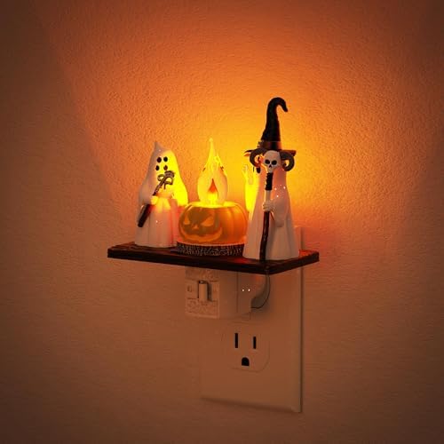JandCase Halloween Night Light, Amber Night Lights Plug into Wall,Cute & Funny Flaming Jumping Night Light,Ghost & Pumpkin Plug in Nightlight with 360° Rotatable for Kids Halloween Party Decor,1 Pack