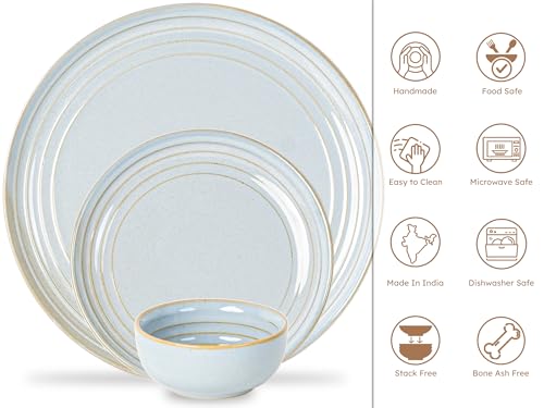 Image of Bodhi House Handcrafted Chip Resistance Porcelain Dinner Set, 18 Pieces Dish Set Serving for 6, Microwave and Dishwasher Safe, Bone-ash Free, Crockery Set for Dining and Gifting, Arctic Blue