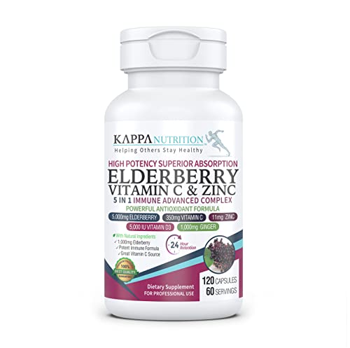 KAPPA NUTRITION Sambucus Elderberry with Vitamin C, Zinc, Vitamin D3 5000 IU & Ginger (120 Capsules) - Antioxidant & Immune Support Supplement, 2 Month Supply - 5 in 1 Black Elderberry for Adults