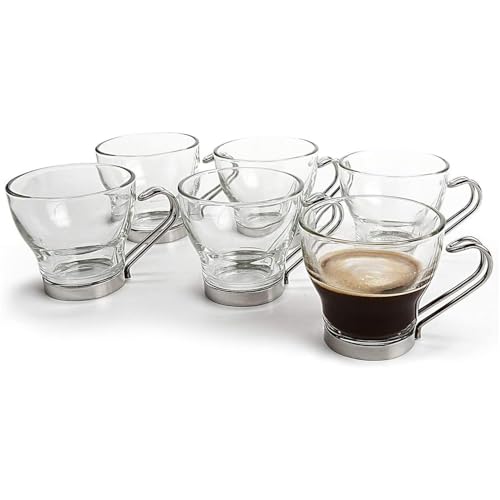 simpa Contemporary Glass Espresso Coffee Cups with Stainless Steel Handle - 80ml / 2.7oz Capacity - Set of 6 Cups