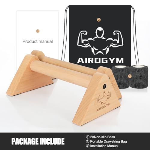Image of Airogym Wooden Parallettes Push Up Bars, Beech Wood Calisthenics Equipment for Home Gym Use, Perfect Pushup Bar Stable Handstand Push Up Handles for Floors, Includes Wrapping Belt and Carrying Bag