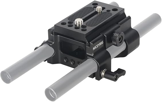 NICEYRIG Quick Release 15mm Rod Base Plate for Manfrotto 500/501/ 577/701 | with 15mm Rail Clamp, 1/4 & 3/8 Locating Holes, 2-In-1 Camera Tripod Baseplate
