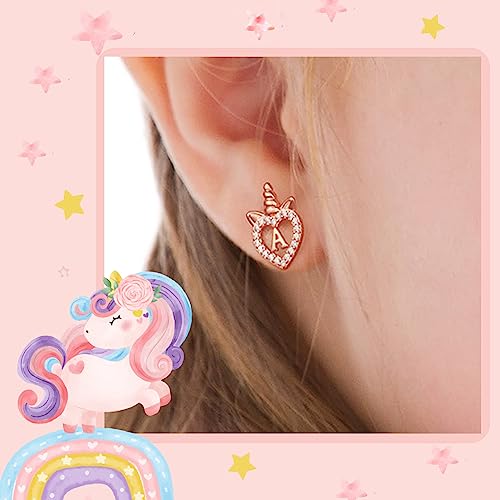 Unicorns Gifts For Girls Earrings, Sterling Silver Post Unicorn Earrings Rose Gold Plated Girls Earrings Initial C Letter Earrings For Girls Toddler Teen Girls Cute Earrings For Girls Kids Gifts #TOP1