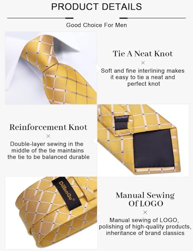 Image of DiBanGu Mens Silk Plaid Tie and Pocket Square Set | Elegant Silk Formal Tie Set, Woven Check Necktie and Cufflinks Tie Clip Set, Perfect for Wedding Party, Comes in Gift Box