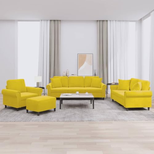 vidaXL Sofagarnitur 4-TLG., Sessel Couch mit Kissen Fußhocker, Sofa Wohnzimmersofa mit Armlehnen, Couchgarnitur Designsofa Sitzmöbel Polstermöbel, Gelb Samt – Bild 3