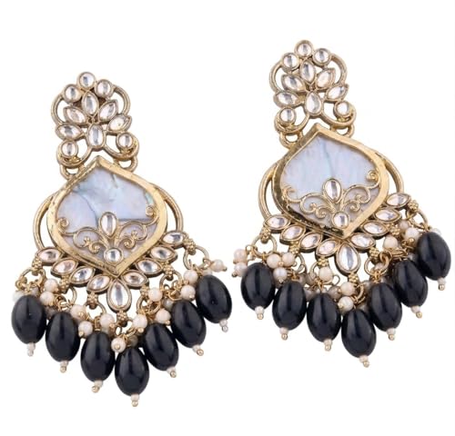 Image of Traditional 20K Gold Plated Kundan Chandbali Earrings with Black Beads and Faux Pearls for Women - Ethnic Wedding & Partyy Wear Statement Jewelry