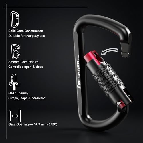Image of FresKaro 3inch 12kN-2698lbs Auto Locking Carabiner Clips, Solid D Shape, Heavy Duty 7075 Aluminum, Lightweight 1.09oz, Rust Proof, for Hammock, Hiking, Dog Leash, Keychain etc., Multi-Colors