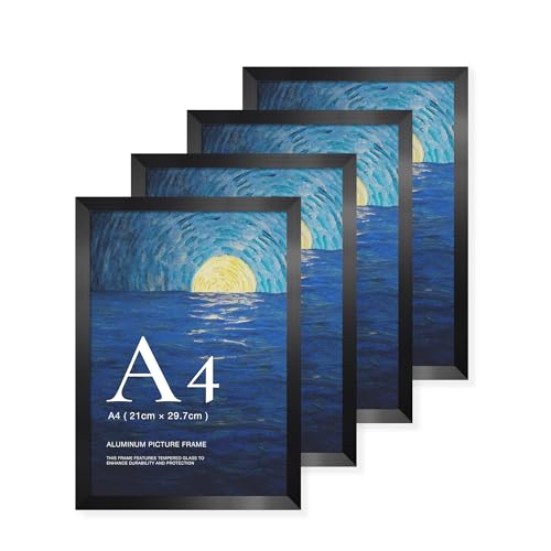 LIVINGTASTE Cadre Photo A4 Aluminium Noir Brossé avec verre trempé, Lot de 4 convient pour 21x29,7 cm photos, idéal pour le bureau ou la maison