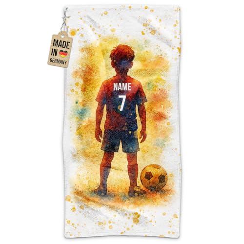 Tassendruck Fußball-Handtuch für Kinder mit Name & Trikotnummer - Fußballspieler - Retro - Personalisiertes Geschenk für große & kleine Fußballfans, Geschenke für Jungen - 140 x 70 cm